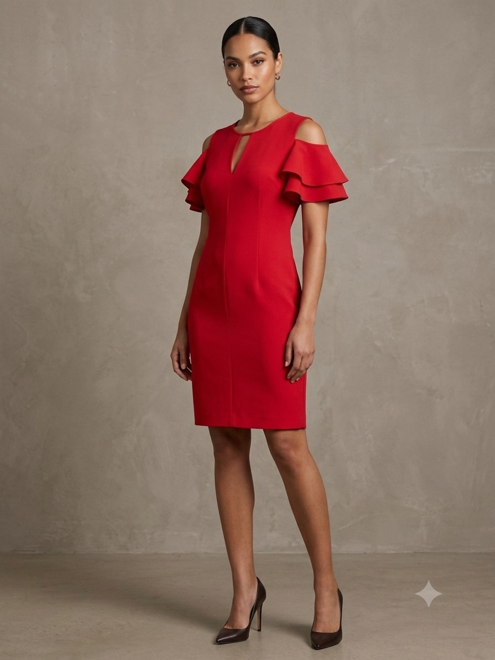 Tahari Red Cold-Shoulder Sheath Dress with Ruffle Sleeves - Picture 1 of 5